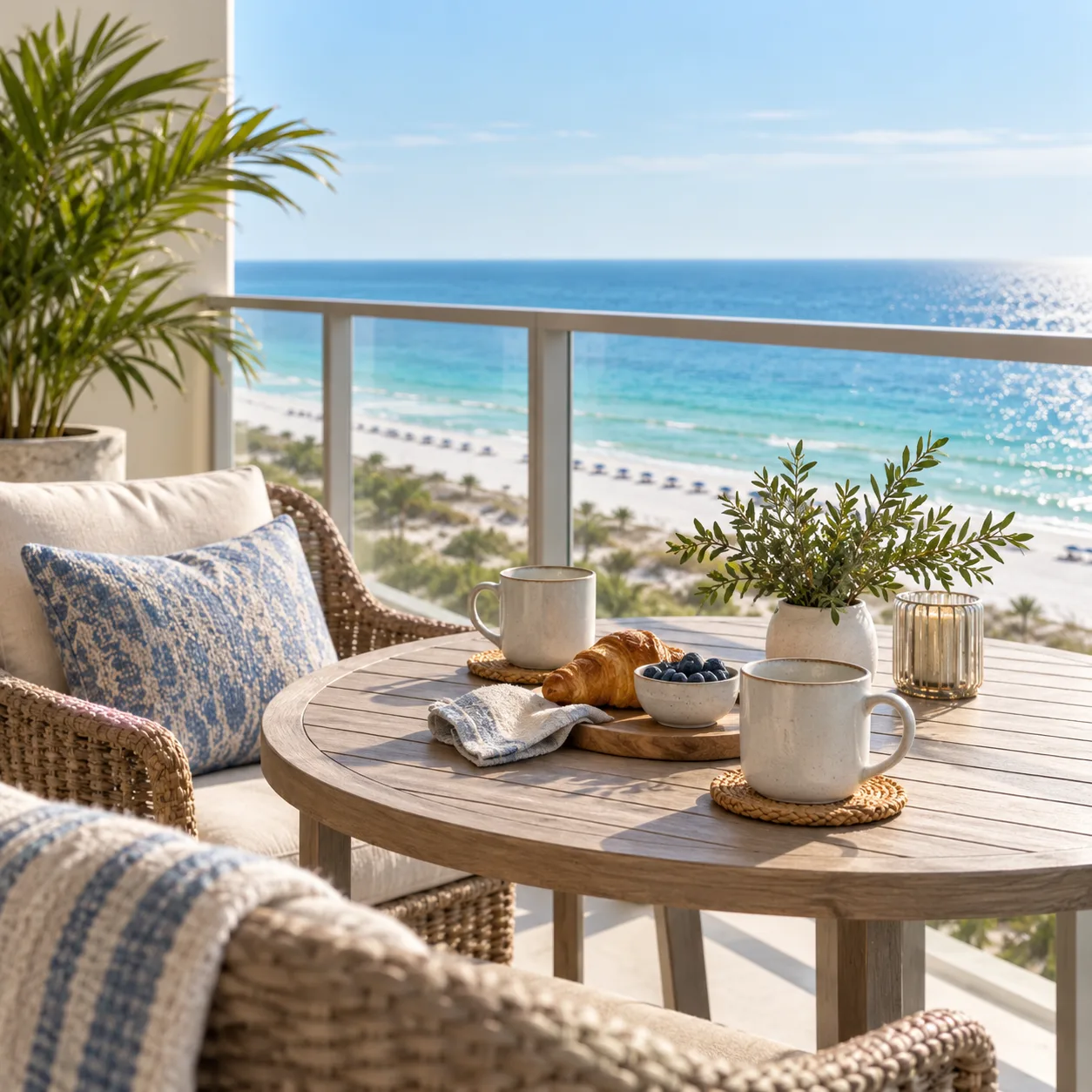 Two mugs of coffee, a croissant and a bowl of blueberries on a teak balcony table, with the Gulf and a white-sand beach beyond.