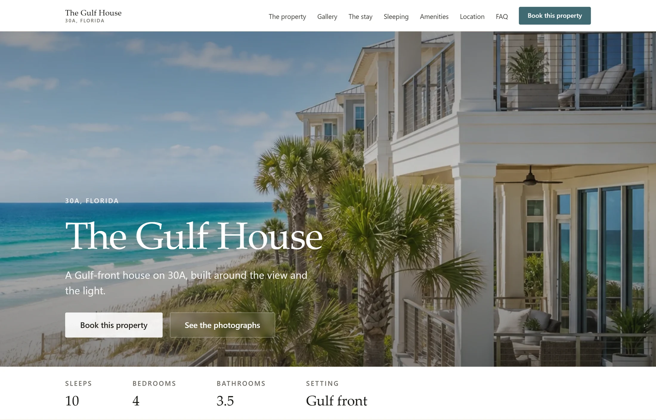 The Gulf House property website shown on desktop: a full-width photograph of a Gulf-front house behind the property name, a booking button, and a summary bar reading sleeps 10, 4 bedrooms, 3.5 bathrooms, Gulf front.