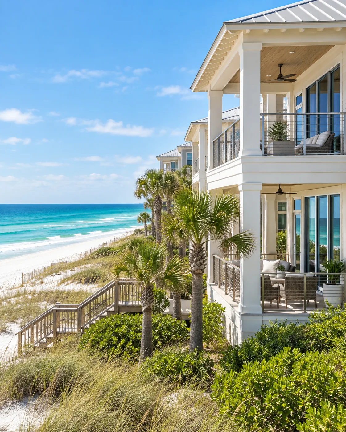 A white Gulf-front beach house with stacked covered porches and palms, above a boardwalk running down to white sand and turquoise water.