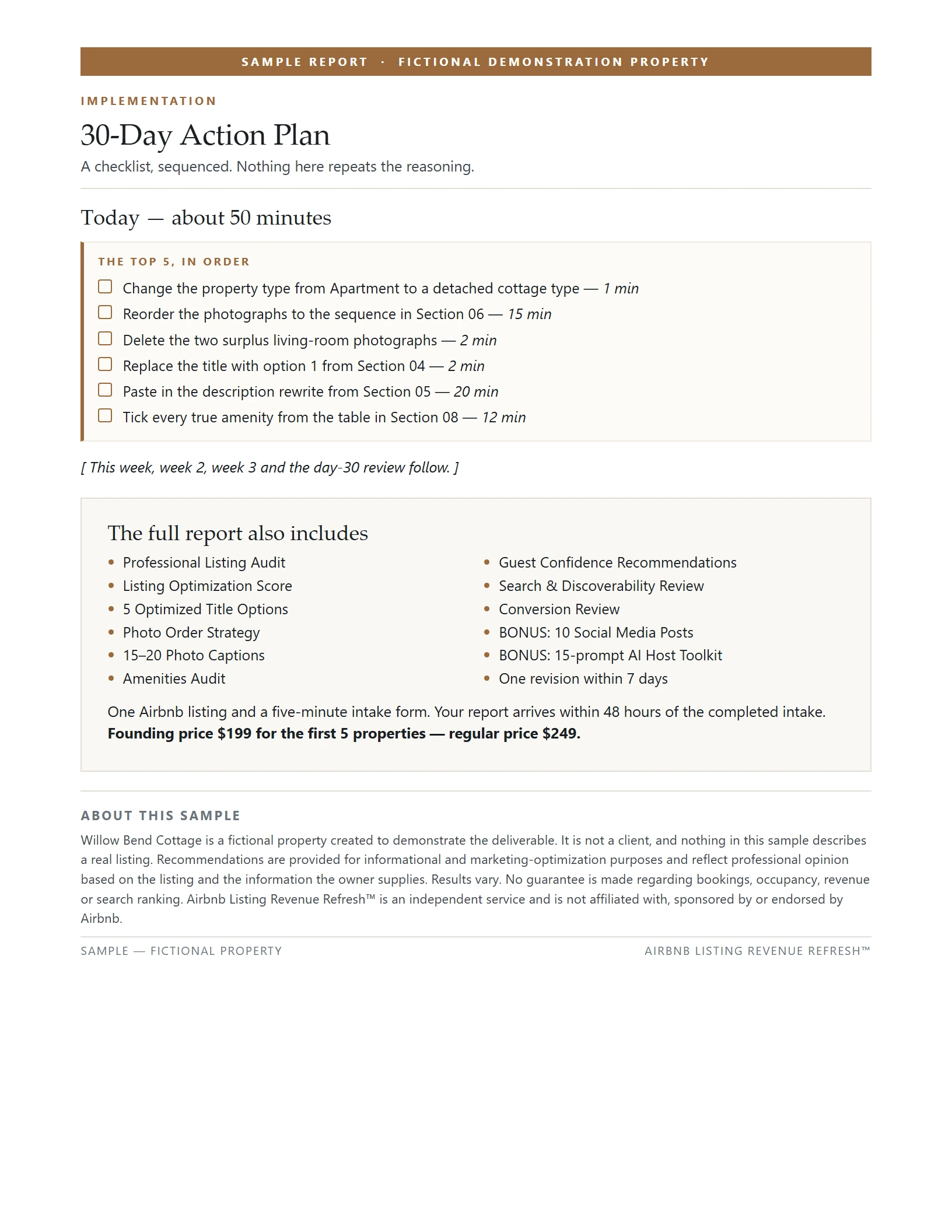 Sample report page showing a thirty-day implementation checklist, sequenced by week, beginning with changes that can be made the same evening.