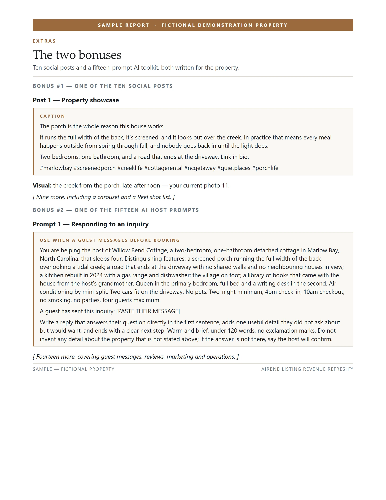Sample report bonus pages showing ready-to-post social media captions written for the property and a set of custom AI host prompts.