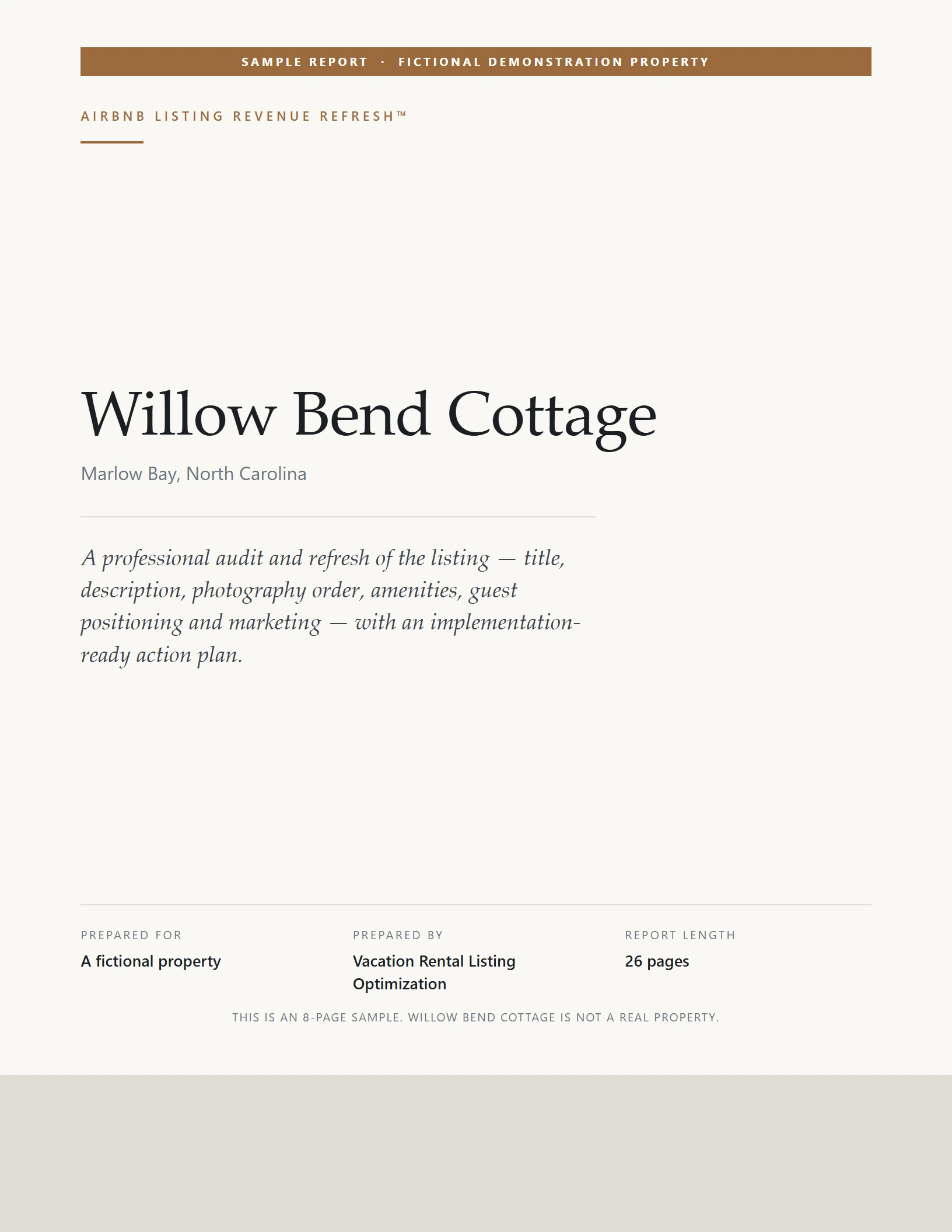 Cover of a sample Listing Revenue Refresh report for Willow Bend Cottage, a fictional demonstration property, marked Sample Report.