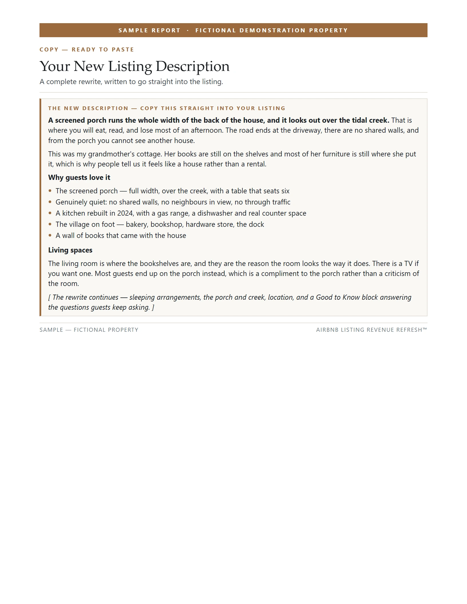 Sample report page showing a complete rewritten listing description laid out in labelled sections, ready to copy and paste.