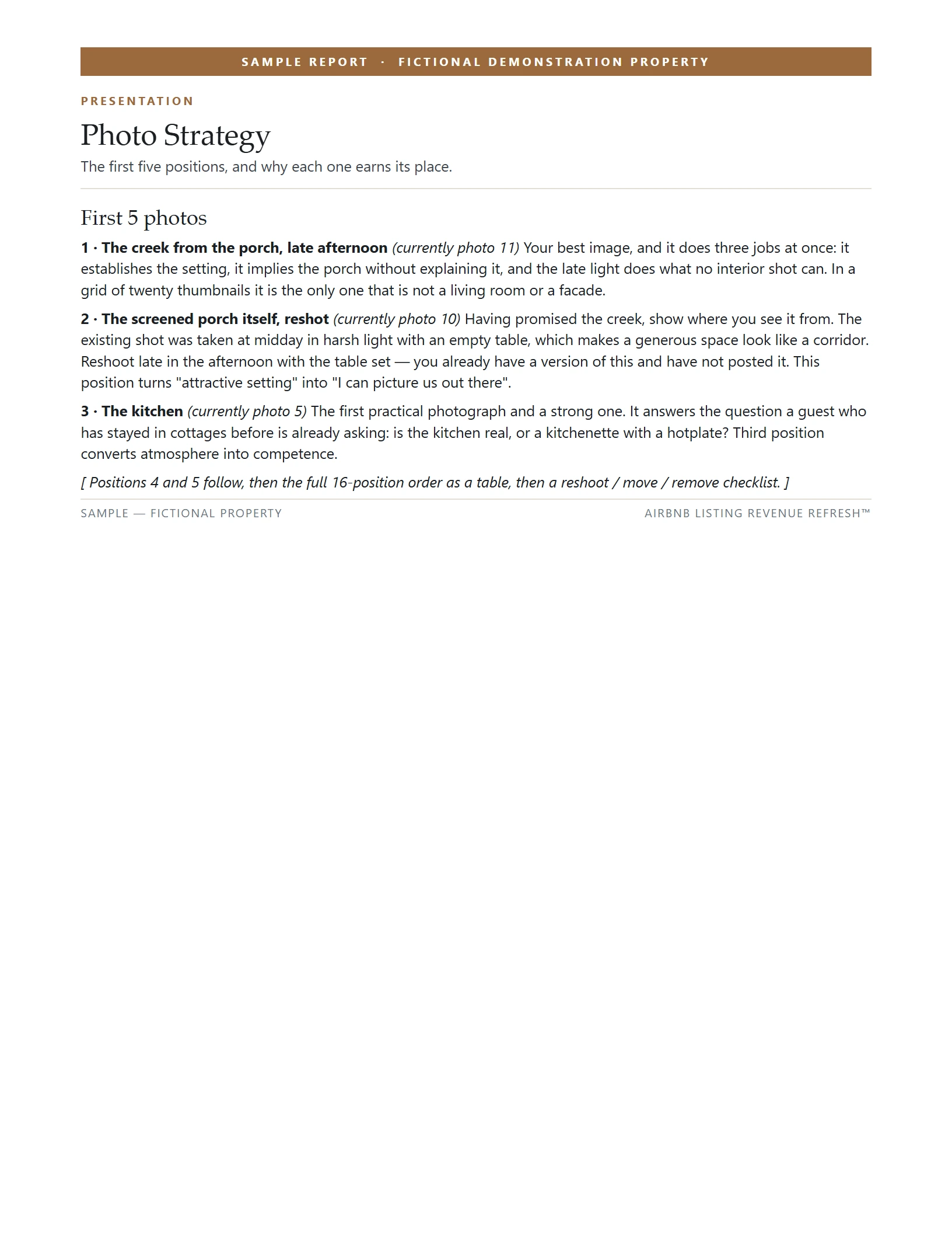 Sample report page showing a recommended photo running order, with the first five positions explained individually and notes on which photos to reshoot, move or remove.