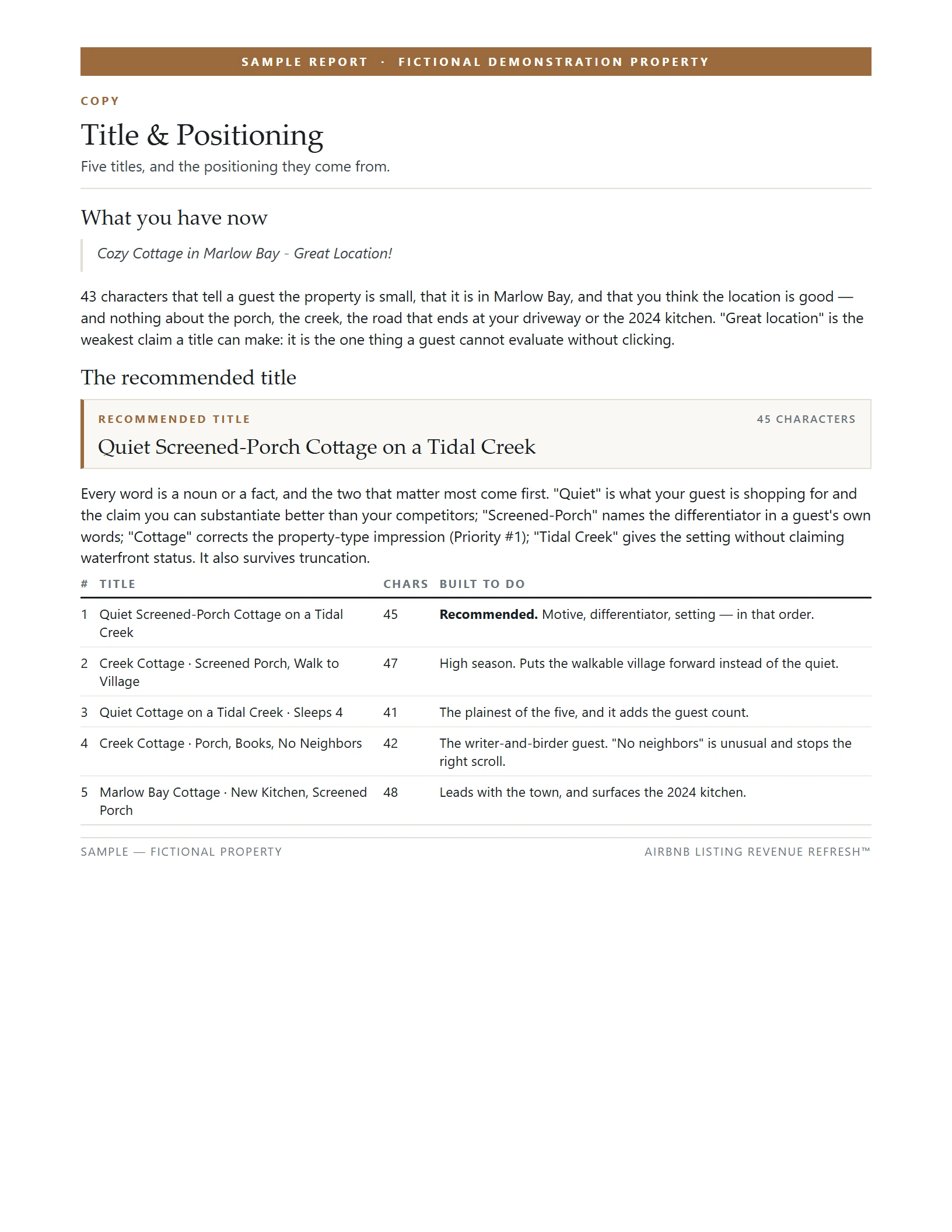 Sample report page showing five optimized title options with character counts, a recommended choice, and the reasoning behind the recommendation.