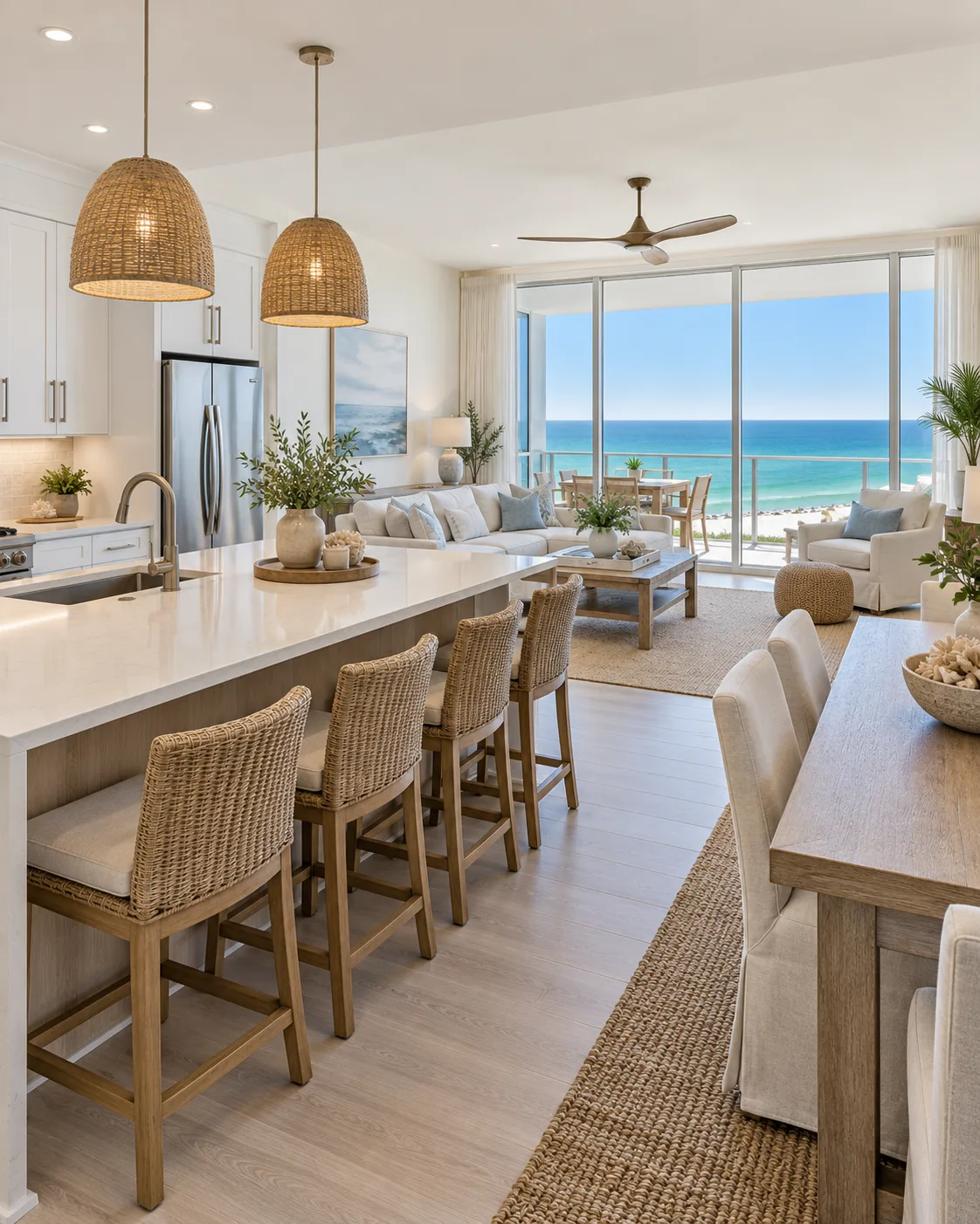 An open-plan coastal condo kitchen with a marble island and woven barstools, opening onto a living area and floor-to-ceiling glass with a view over the Gulf.